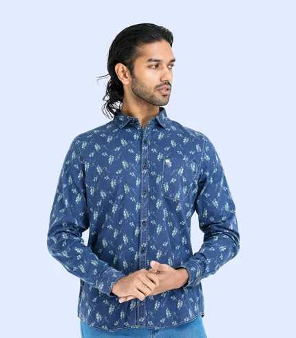 Blue shirt with white printed long sleeve shirt